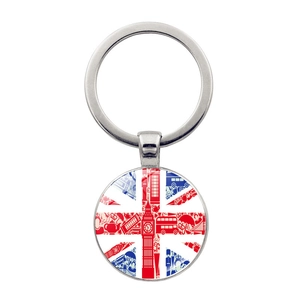 British Union Jack keychain with London icons like Big Ben and red bus illustrations