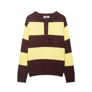 Damen Retro Gestreifter Strickpullover Langarm Knopfleiste Rundhals Lässig Preppy Pullover Top