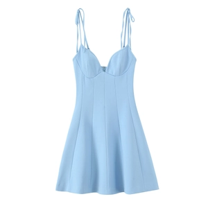 Light blue floral print poplin sundress with tie straps and A-line silhouette dress