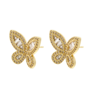 Elegant gold butterfly wing stud earrings with sparkling cubic zirconia on a white background