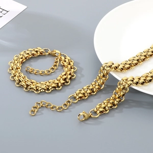Unisex gold triple-row woven stainless steel chain necklace and bracelet set