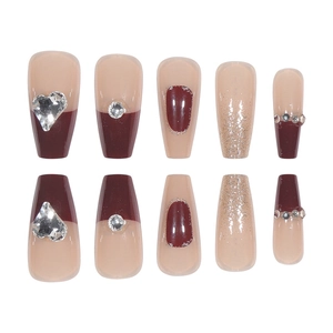 Long trapezoid burgundy French press-on nails with silver hearts and crystal rhinestones