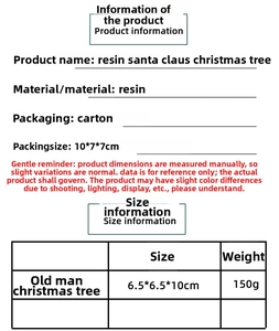 Detailed size chart for resin Santa Christmas tree ornament with 10cm height and 150g weight