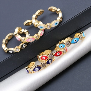 Adjustable Evil Eye copper rings with colorful enamel and zircon in gold plating