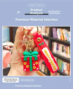 Close-up of PVC Christmas gift box keychain with Merry Christmas text on red strap