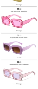 Close-up of square sunglasses in rose-bengal and translucent purple frame options