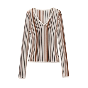 Striped Knit Sweater Women V Neck Long Sleeve Linen Blend Pullover Top Casual Slim Fit Elegant