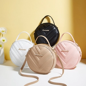 Fashion Women Round Crossbody Bag V-Quilted PU Leather Handbag With Adjustable Shoulder Strap Casual Elegant Small Purse