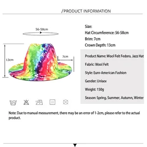 Tie-dye felt fedora hat with 56-58cm circumference and 7cm brim, colorful jazz style