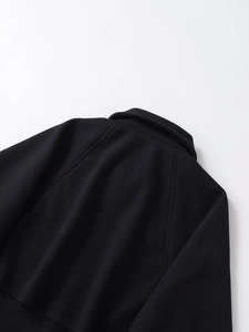 Close-up of black wool blend fabric texture and stitching details on a casual jacket