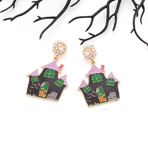 Halloween ghost house earrings with purple roof, enamel finish and pearl details