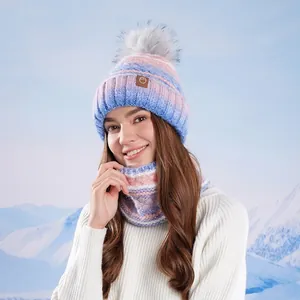Ensemble bonnet et tour de cou en tricot dégradé avec pompon pour l'hiver au chaud
