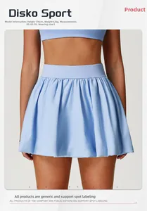 Detail of light blue pleated tennis skirt with elastic waistband and model measurements