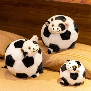 Soccer Cow Plush Toy Soft Faux Rabbit Fur Round Spherical Stuffed Animal Doll For Kids Bedtime Home Decor Cute Novelty