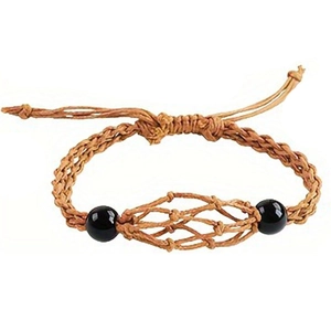 Detail of hand-woven brown cord crystal holder with adjustable net and black beads