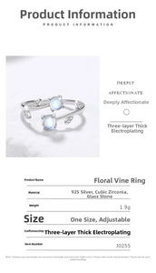 Detail view of S925 sterling silver vine ring with blue glass stone and cubic zirconia