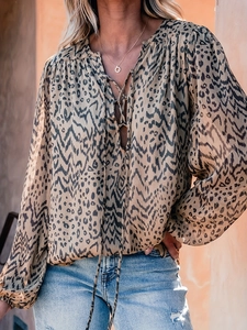 Women Leopard Print Blouse V Neck Tie Long Lantern Sleeve Loose Casual Polyester Spandex Top Bohemian Street Style