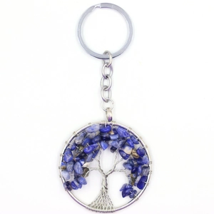 Close-up of tree of life keychain with blue natural crystals and silver wire wrap