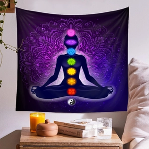 Detailed macro view of Seven Chakra yoga tapestry with mandala pattern and Tai Chi symbol