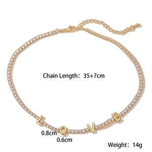 Detail shot of 18K gold plated LOVE necklace with zircon stones and size specifications