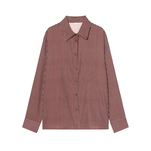 Striped Long Sleeve Shirt Women Polyester Button Down Lapel Red Brown Casual Office Blouse