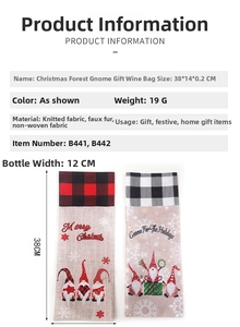 Detailed size chart for Christmas gnome wine bottle covers in red and white plaid fabric