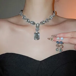 Elegantes Kupfer Zirkon Oval Tränenform Halskette Und Ohrringe Schmuck Mit 925 Sterling Silber Ohrstecker Luxus Damen