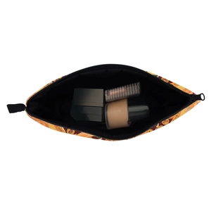 Yellow sunflower patterned makeup bag with top view showing internal storage capacity