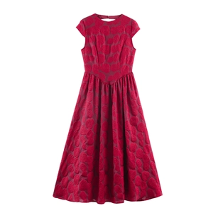 Robe Maxi En Jacquard Rose 3D Rouge Sexy Dos Nu Sans Manches Taille Haute Élégante Robe De Soirée Longue Pour Femmes