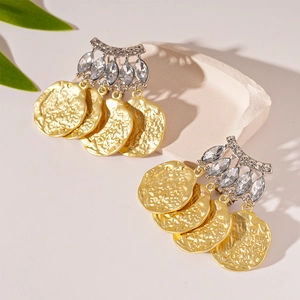 Boucles D Oreilles Pendantes Bohèmes Avec Tige En Argent Alliage Strass Disque Métallique Texturé Rond Irrégulier Vintage Géométrique Pour Femmes