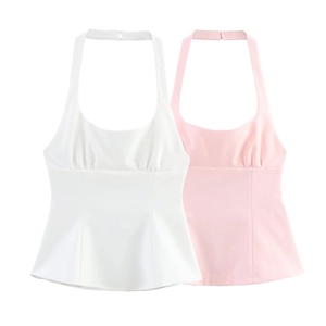 Women Halter Neck Sleeveless Top Back Bowknot Ruched Chest Peplum Style Retro Elegant Sleeveless Crop Top Summer Daily Party Outfit