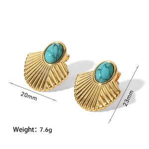 Luxurious gold fan-shaped stud earrings with turquoise stones, size 20mm by 23mm