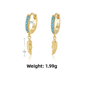 Detailed view of S925 sterling silver turquoise feather earrings with size dimensions