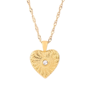 Golden heart pendant necklace with starburst texture and central sparkling zircon