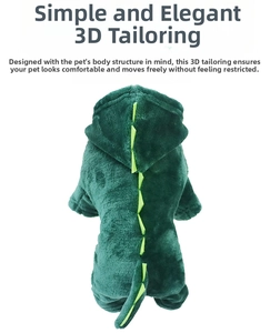 Detail of green dinosaur pet costume with soft plush fabric and 3D back fin design