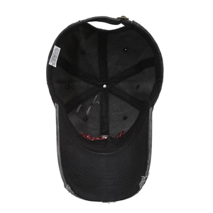 Retro distressed black washed cotton baseball cap with vintage embroidery and torn edges