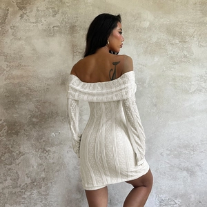 Detail of white rib-knit fabric texture and back view of the off-shoulder mini dress