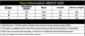 Detailed size chart for hooded star jacquard cardigan with fabric composition info
