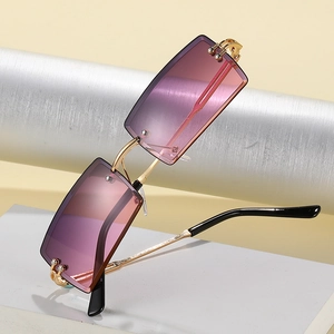 Fashionable rimless rectangle sunglasses with purple pink gradient lenses and gold frame