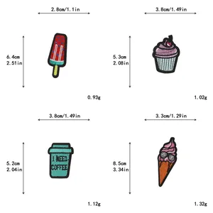 Détails de taille et poids des écussons brodés de cupcakes, café et desserts