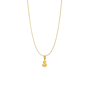 Detail of gold letter S pendant on a sleek snake chain necklace for women