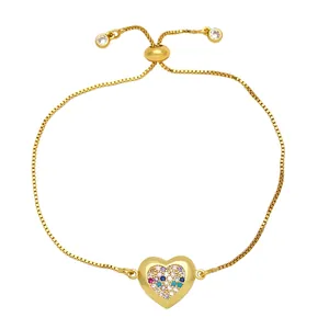 Gold-tone adjustable box chain bracelet with heart pendant and colorful rhinestones