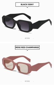 Detail view of square frame sunglasses in black grey and rose red champagne finishes