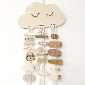Nordic wooden cloud hair clip holder for girls wall decor with four hanging strings
