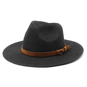 Wide Brim Fedora Straw Hat Breathable Sun Protection Summer Beach Jazz Panama Style Suede Band Metal Ring Tassel