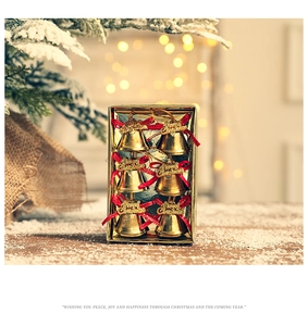 Set of 6 gold Christmas bells with red glitter bows and Merry Christmas engraving in gift box