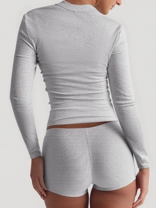 Gray ribbed knit long sleeve crop top and shorts set with high elasticity for yoga