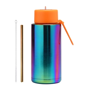 Vacuum insulated stainless steel water bottle set with orange lid and golden straw detail