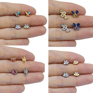Miniature stainless steel nose studs with animal shapes and zircon inlay in gold and silver