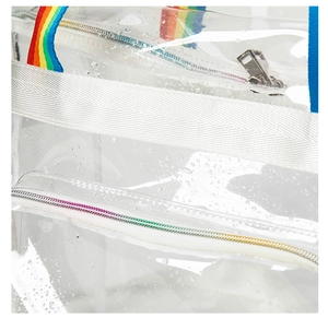 Waterproof transparent PVC bag detail with rainbow zipper and white woven strap